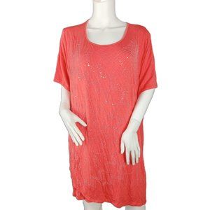 Avenue Women's Short Sleeve Tee T-Shirt Size 26/28 Coral Beaded Sequins Top